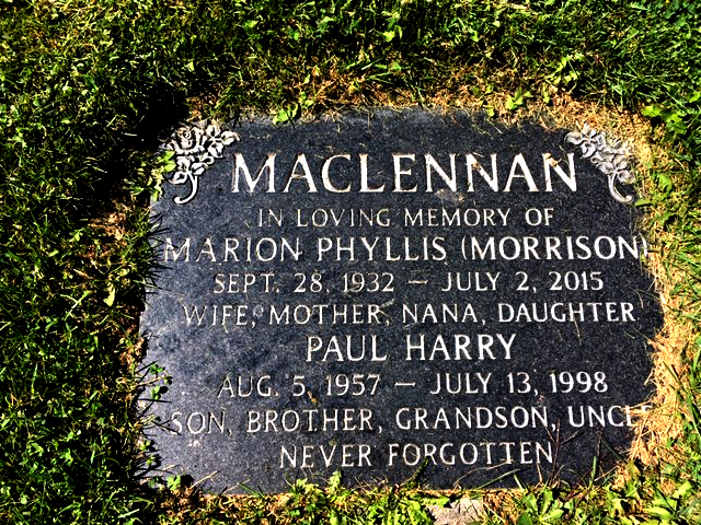 Photo of headstones/Marion Phyllis MacLennan nee Morrison d2015 hdstn